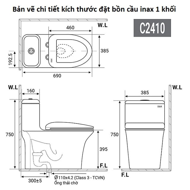 Bản vẽ chi tiết kích thước đặt bồn cầu inax 1 khối