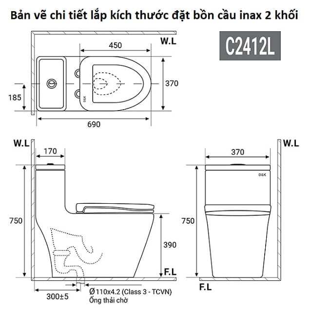 bản vẽ chi tiết kích thước đặt bồn cầu inax 2 khối