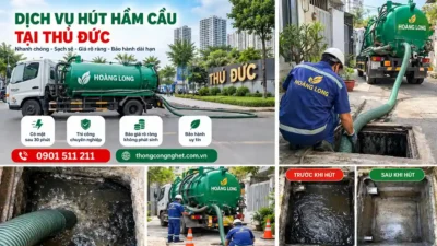 Xe hút hầm cầu chuyên dụng trong hình quảng bá dịch vụ Hoàng Long tại Thủ Đức.