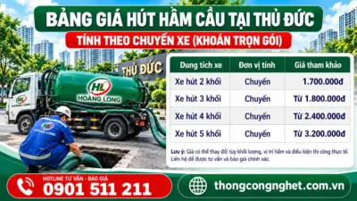 Bảng giá hút hầm cầu tính khoán theo chuyến xe 1 khối, 2 khối, 3 khối và xe lớn.