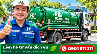 Hình minh họa nhân viên Hoàng Long tư vấn dịch vụ hút hầm cầu Quận 12 bên xe chuyên dụng.